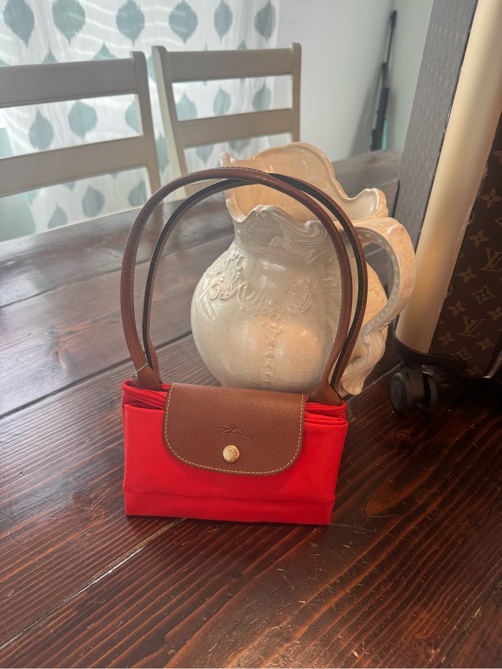 Red Nylon Mini Shoulder Bag with Brown leather Trim